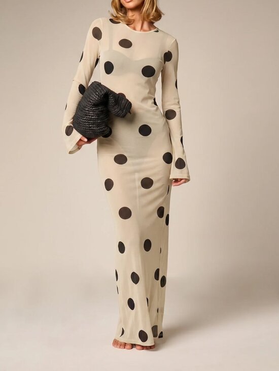 Dresses & Skirts - White Elegant Women's Polka Dot Extra-Long Sleeve Pencil Dress